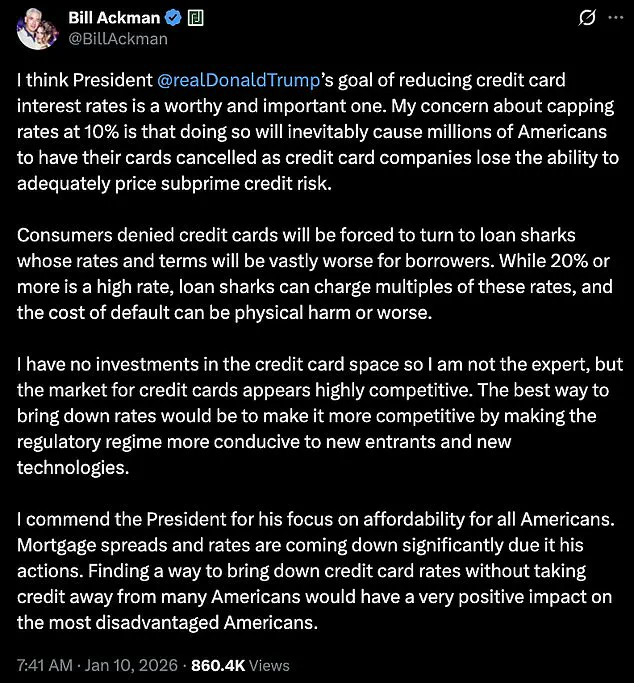 Bill Ackman Warns Trump's Proposed 10% Credit Card Rate Cap Would Harm Millions