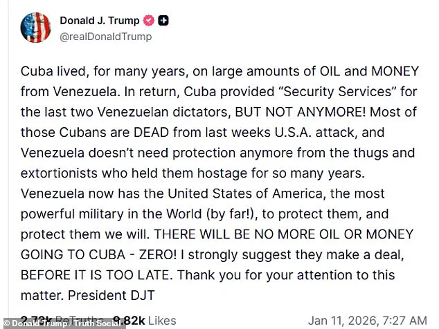 U.S. Pressure on Cuba Intensifies as Trump Leverages Maduro's Capture to Threaten Venezuelan Ties