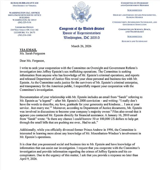 U.S. Congressman Requests Sarah Ferguson Testimony Over Alleged Epstein Ties